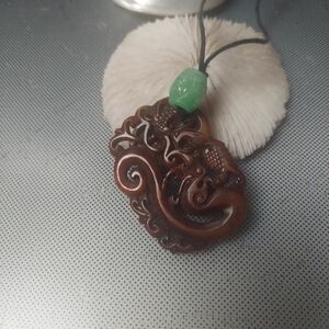 Carved jade dragon Green jade barrel bead  adjustable cord UNISEX necklace